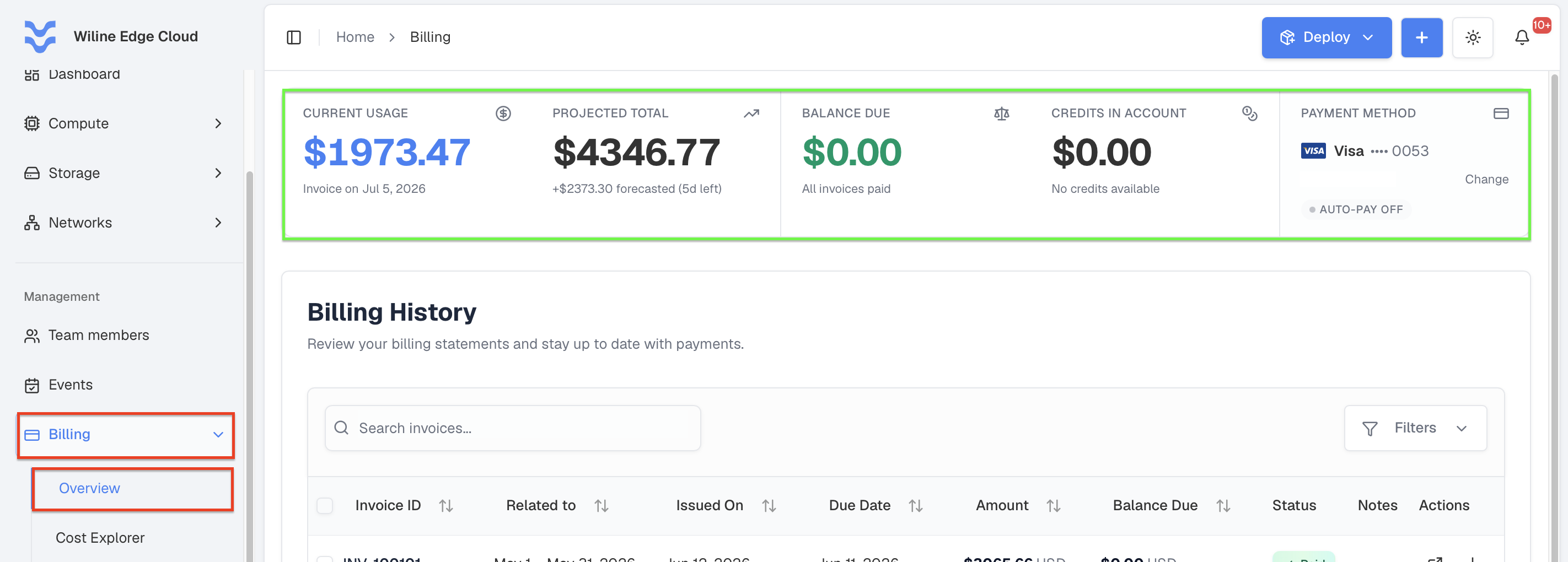 Billing dashboard