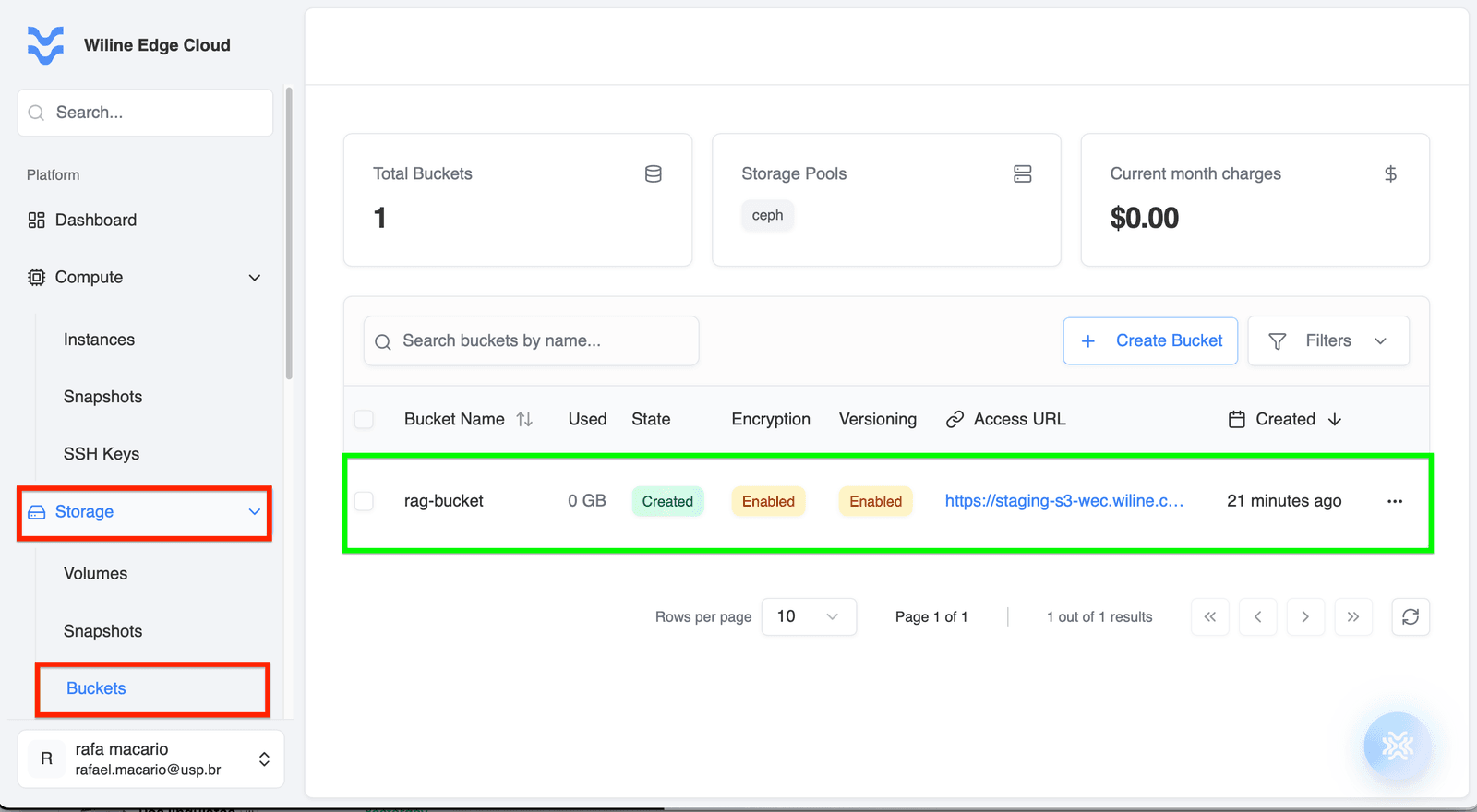 Buckets dashboard screenshot