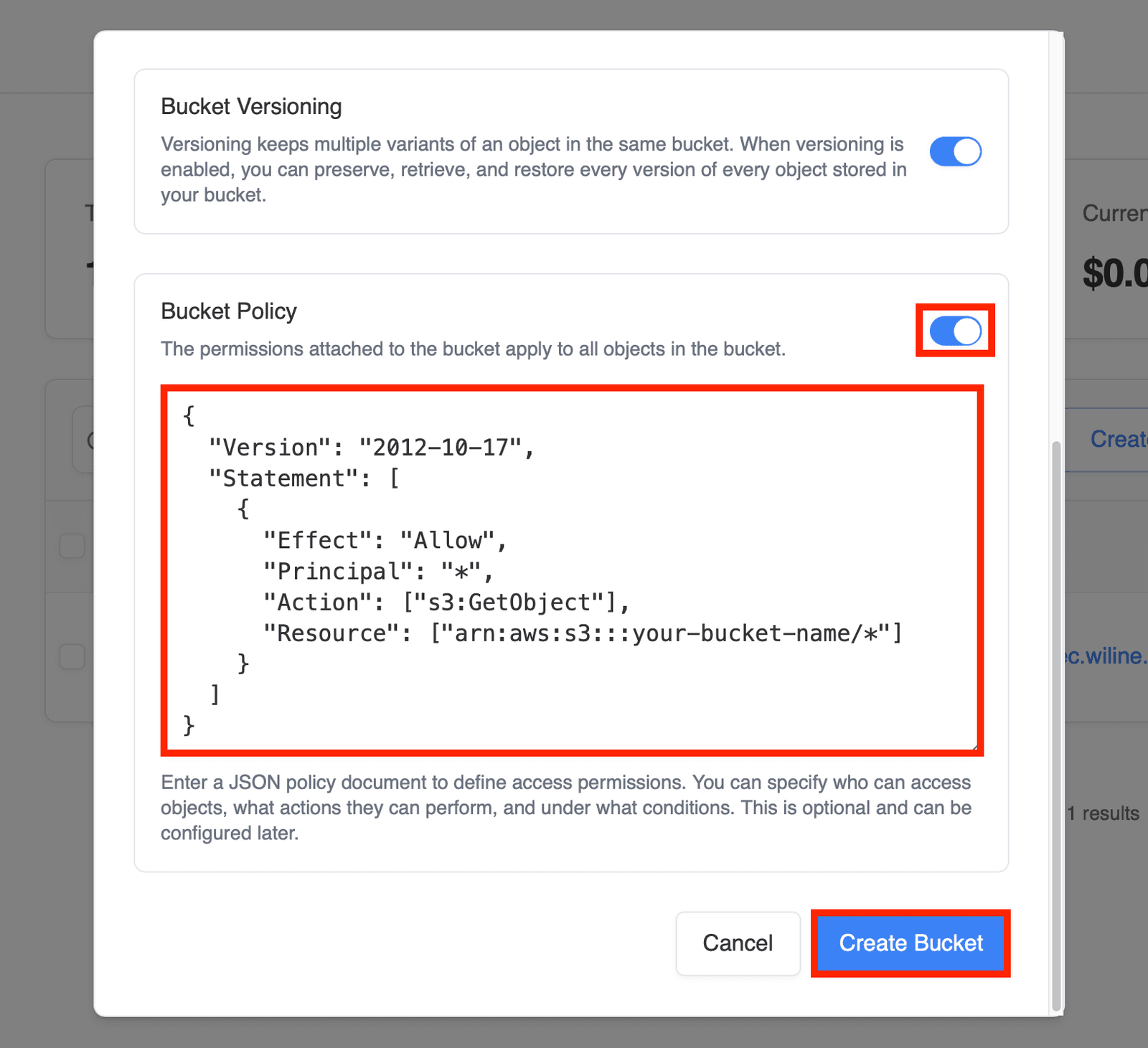 Bucket configuration modal