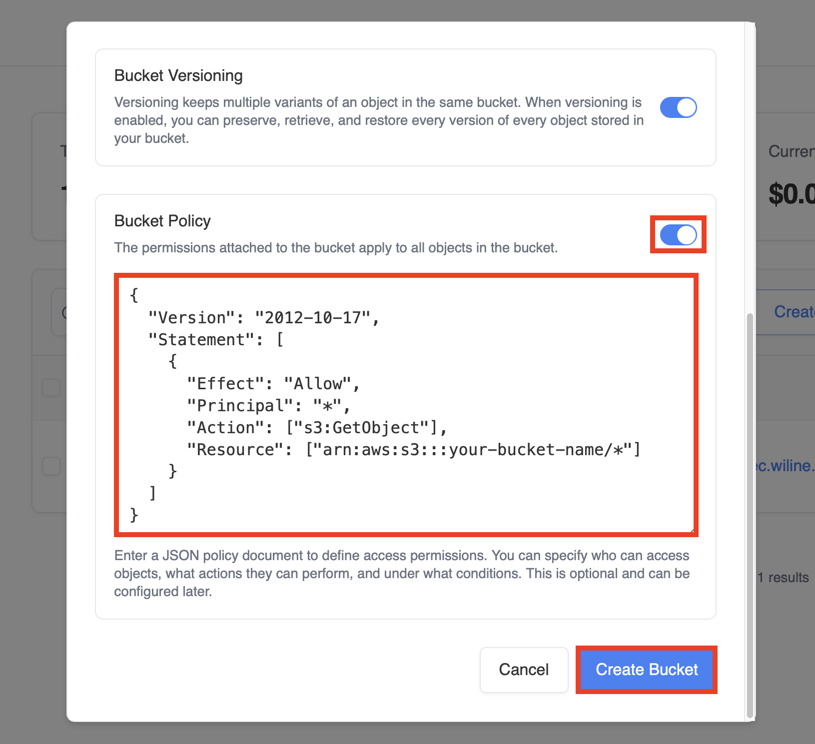 Bucket configuration modal