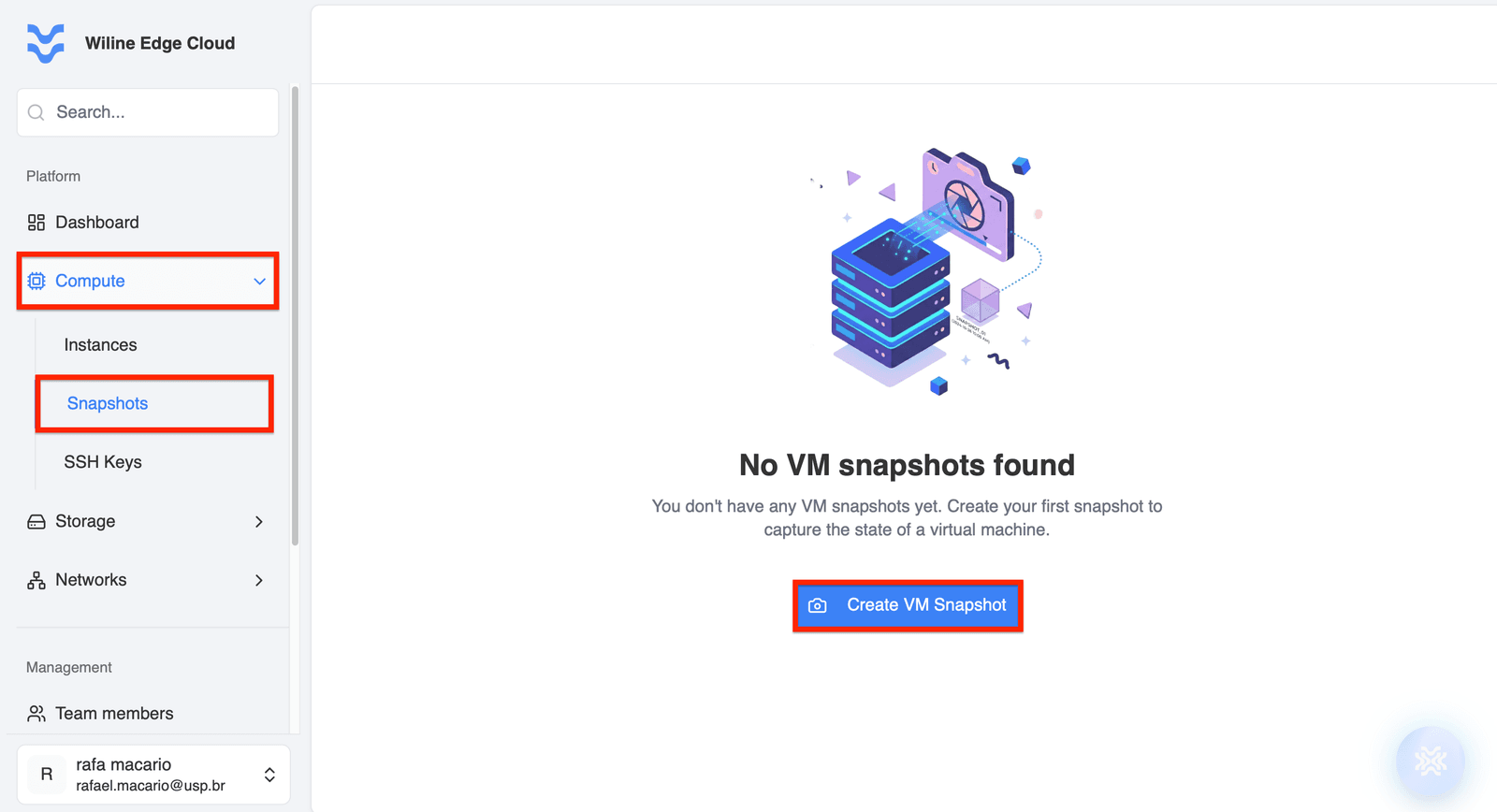 Snapshots page with Create VM Snapshot button