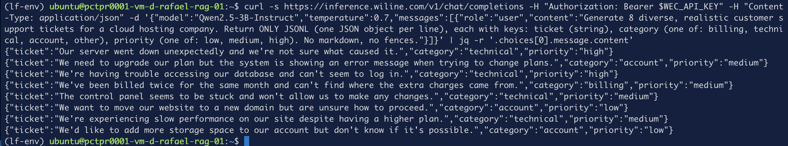 Step 1 — one call returns clean, labeled JSONL
