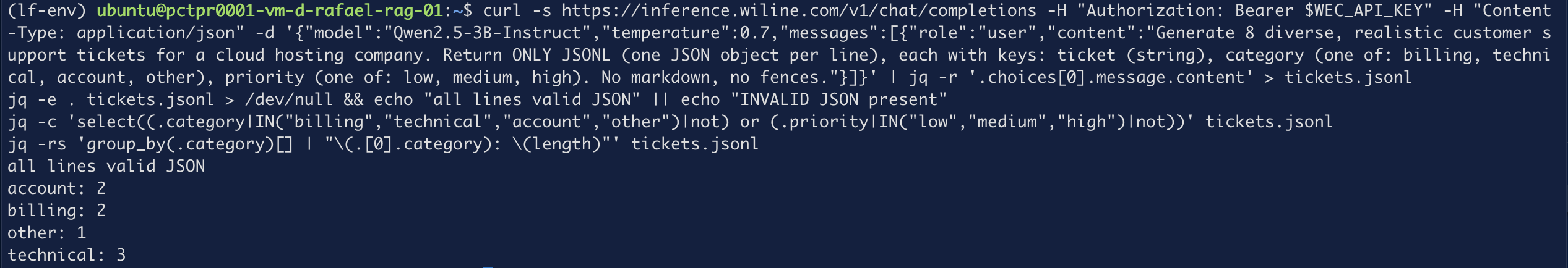 Step 2 — validating the batch: valid JSON, in-enum labels, class distribution