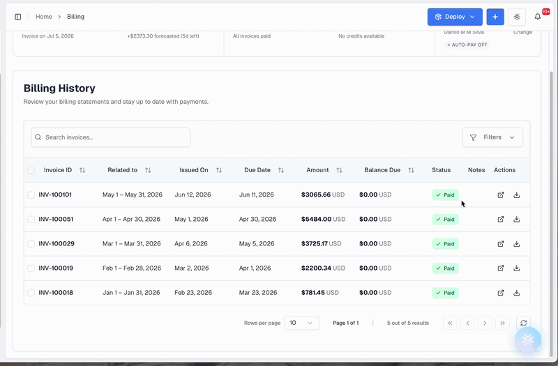 Filtering the Billing History table by status