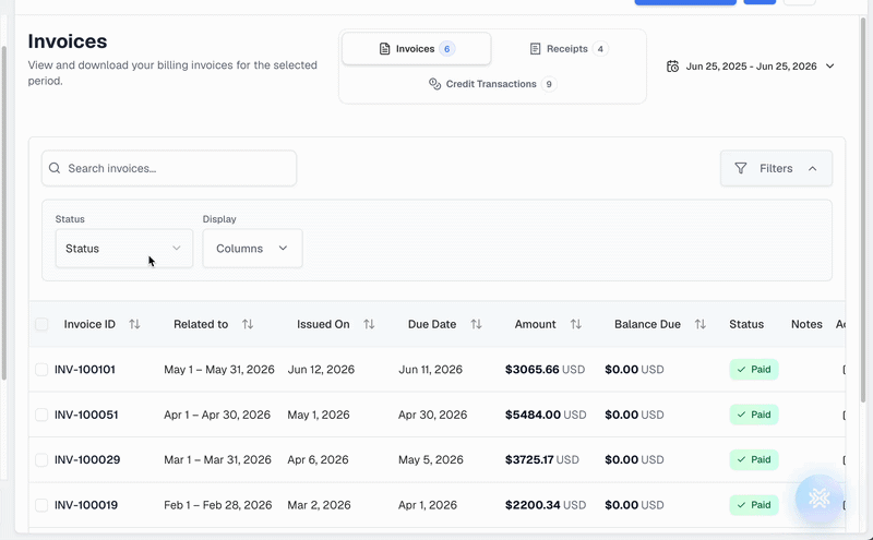Filtering the Payment History table by status