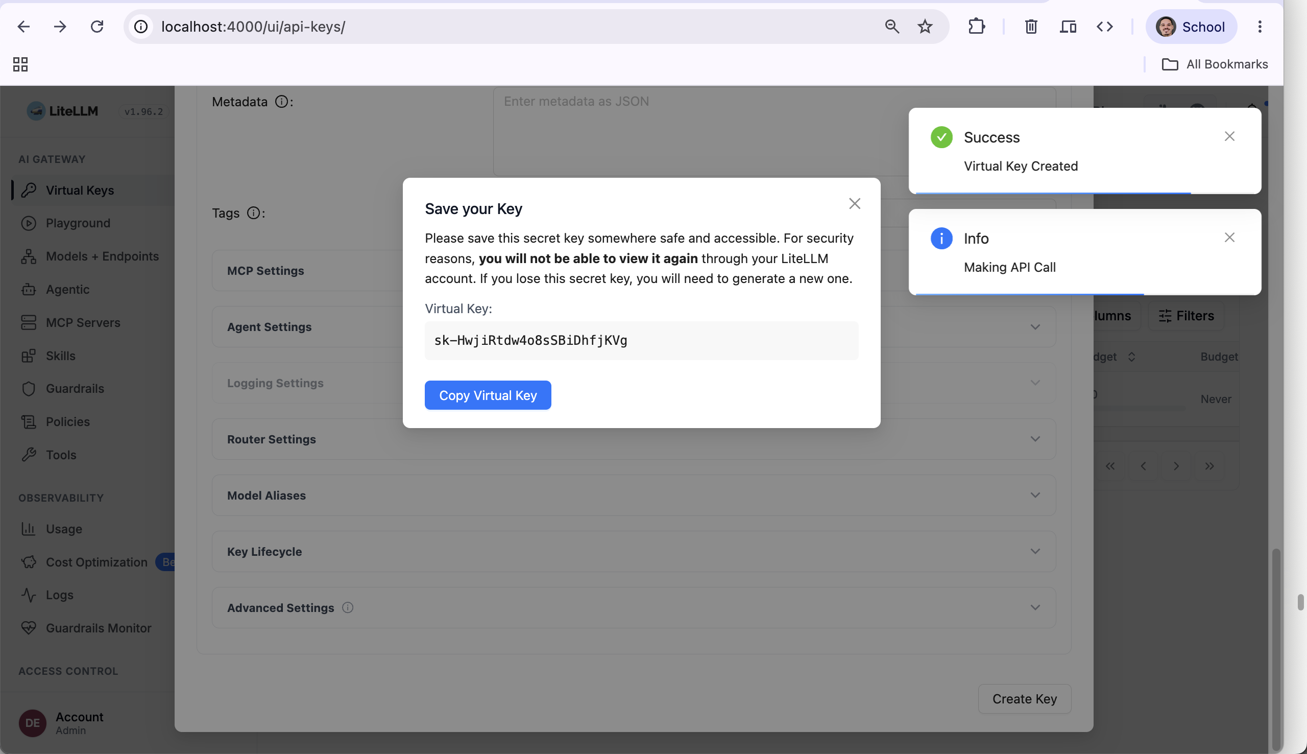 The Save your Key dialog, warning that the key cannot be viewed again