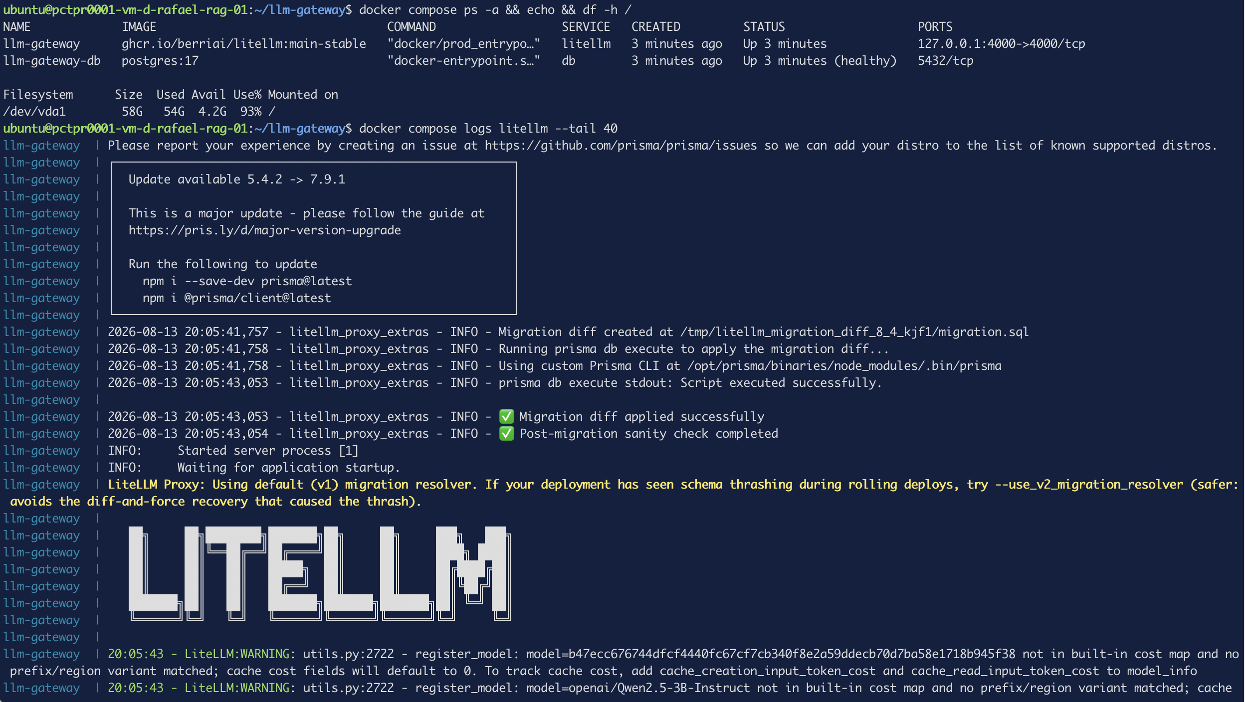 Container status, disk usage and the startup log with migrations and the cost-map warnings