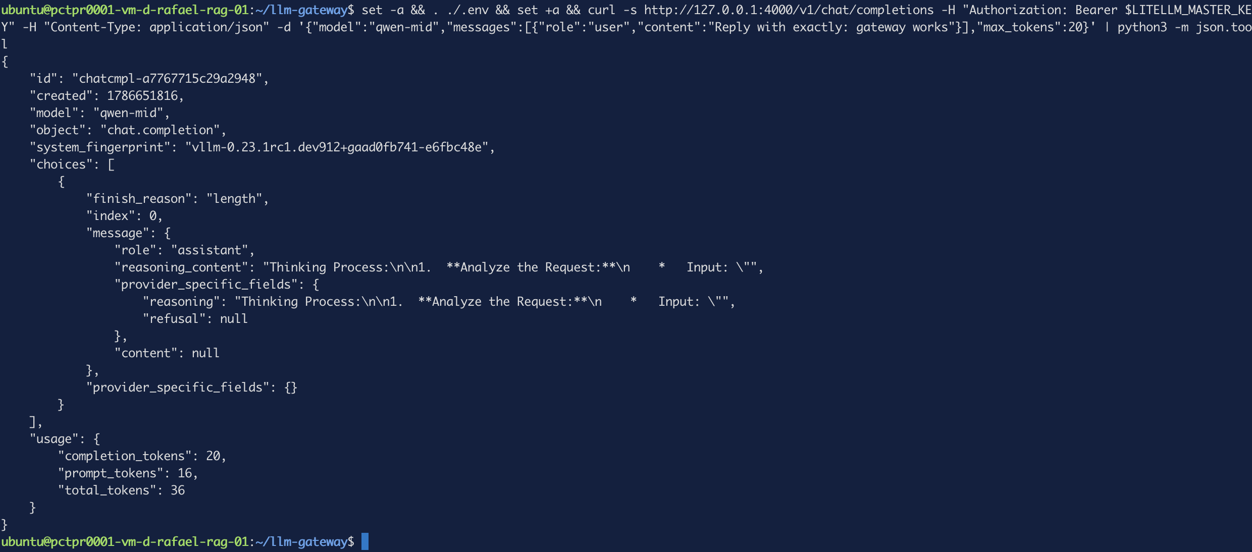 Raw response with finish_reason length, reasoning_content populated and content null