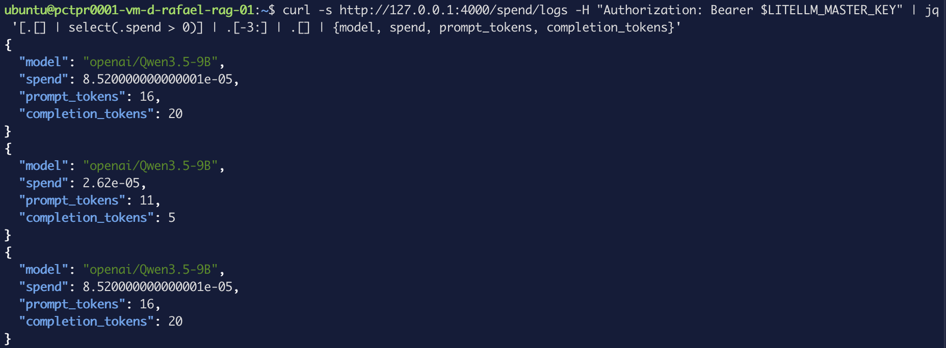Spend log rows showing token counts and a dollar figure per call