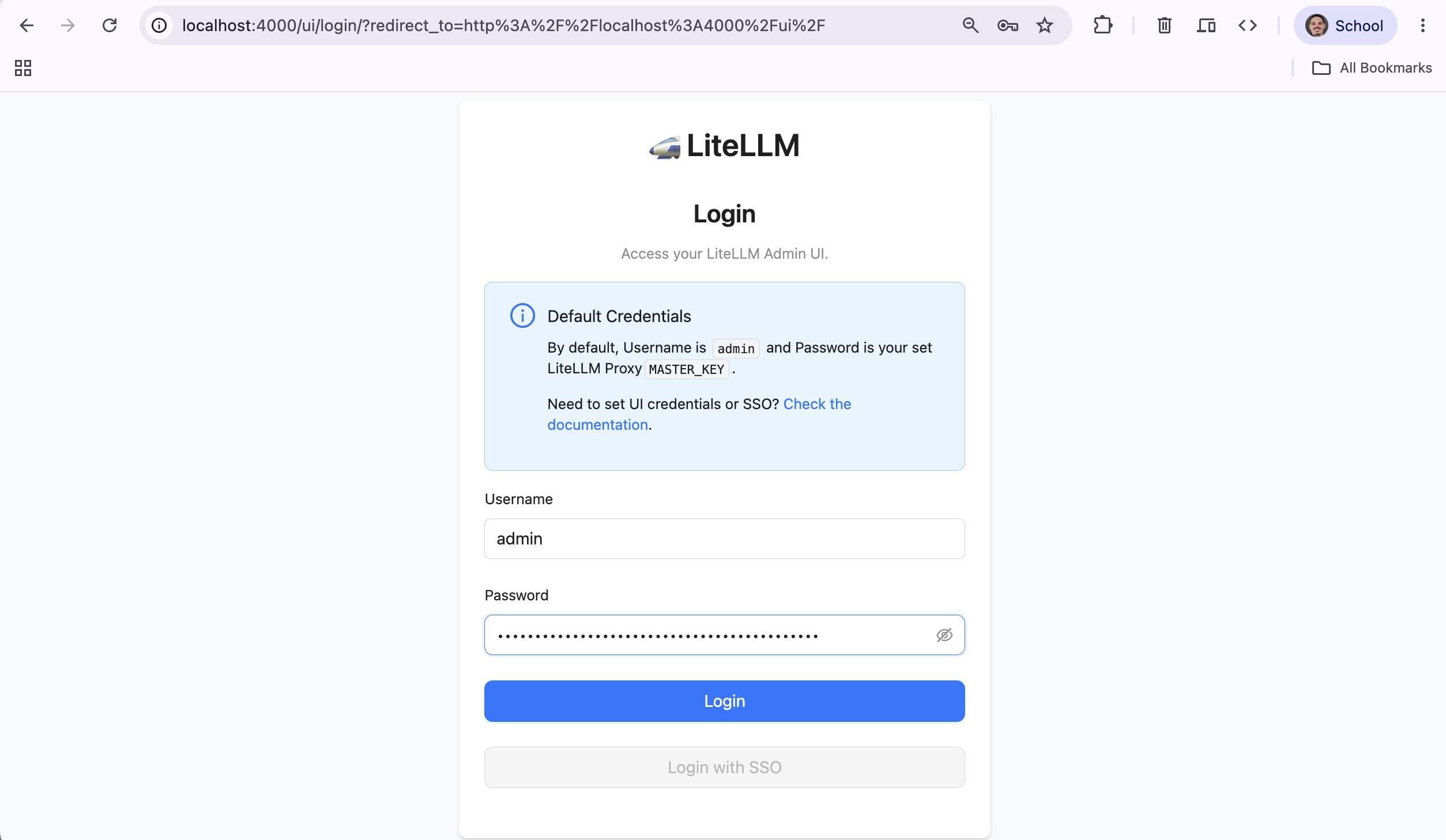 The gateway's login screen, asking for admin plus the master key