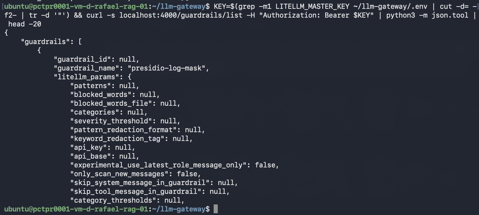 The guardrails list endpoint reporting presidio-log-mask loaded, with mode logging_only and both Presidio API bases resolved