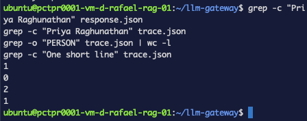 Four grep counts proving the response holds the real name and the trace does not