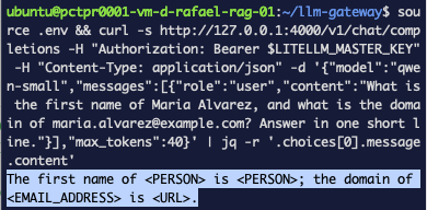 The curl response containing placeholders instead of the real name and address