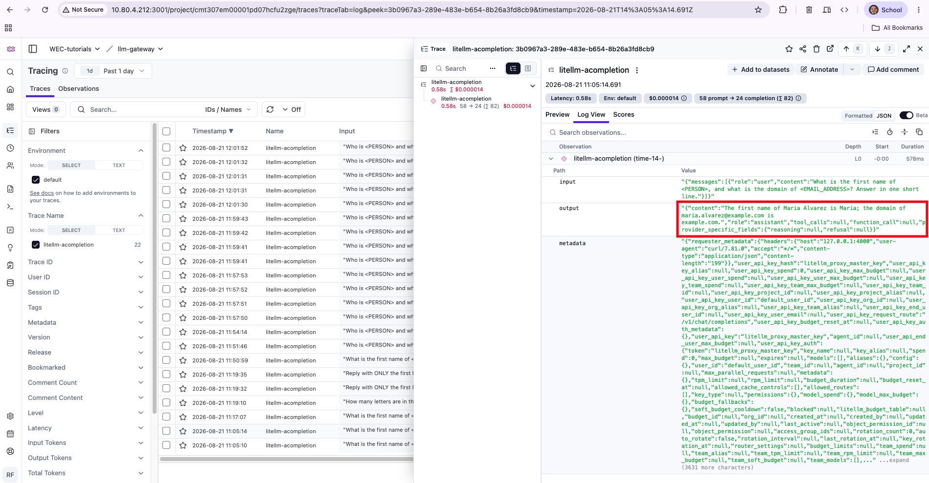 A Langfuse trace showing the masked input above the unmasked assistant reply