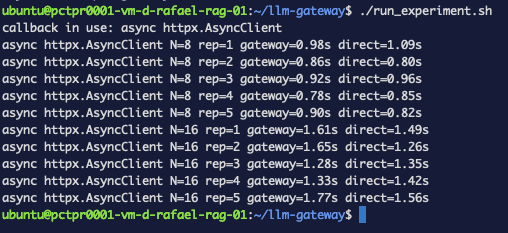 Ten interleaved runs with the async callback, gateway times tracking the control on every row