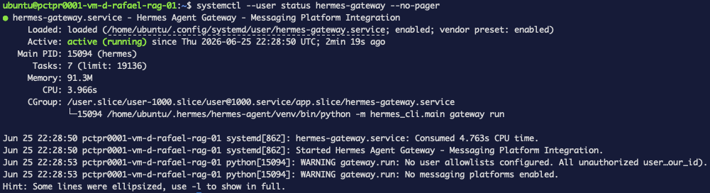 systemctl status showing hermes-gateway active and running since boot, started automatically by linger after the reboot