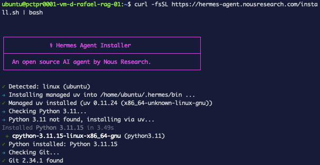 Running the install one-liner — the Hermes installer starts resolving and downloading packages