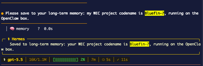 Hermes firing the memory tool and confirming the fact was saved to long-term memory