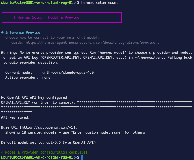 Choosing the default model in hermes setup model — gpt-5.5 selected from the OpenAI list