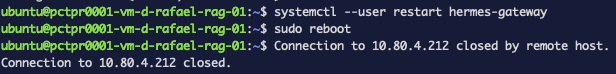 Restarting the gateway and rebooting the box — the SSH connection closes as the host goes down