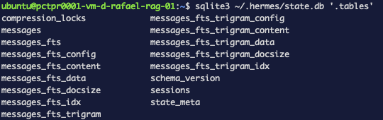 Output of .tables on state.db — sessions and messages tables alongside the messages_fts FTS5 family