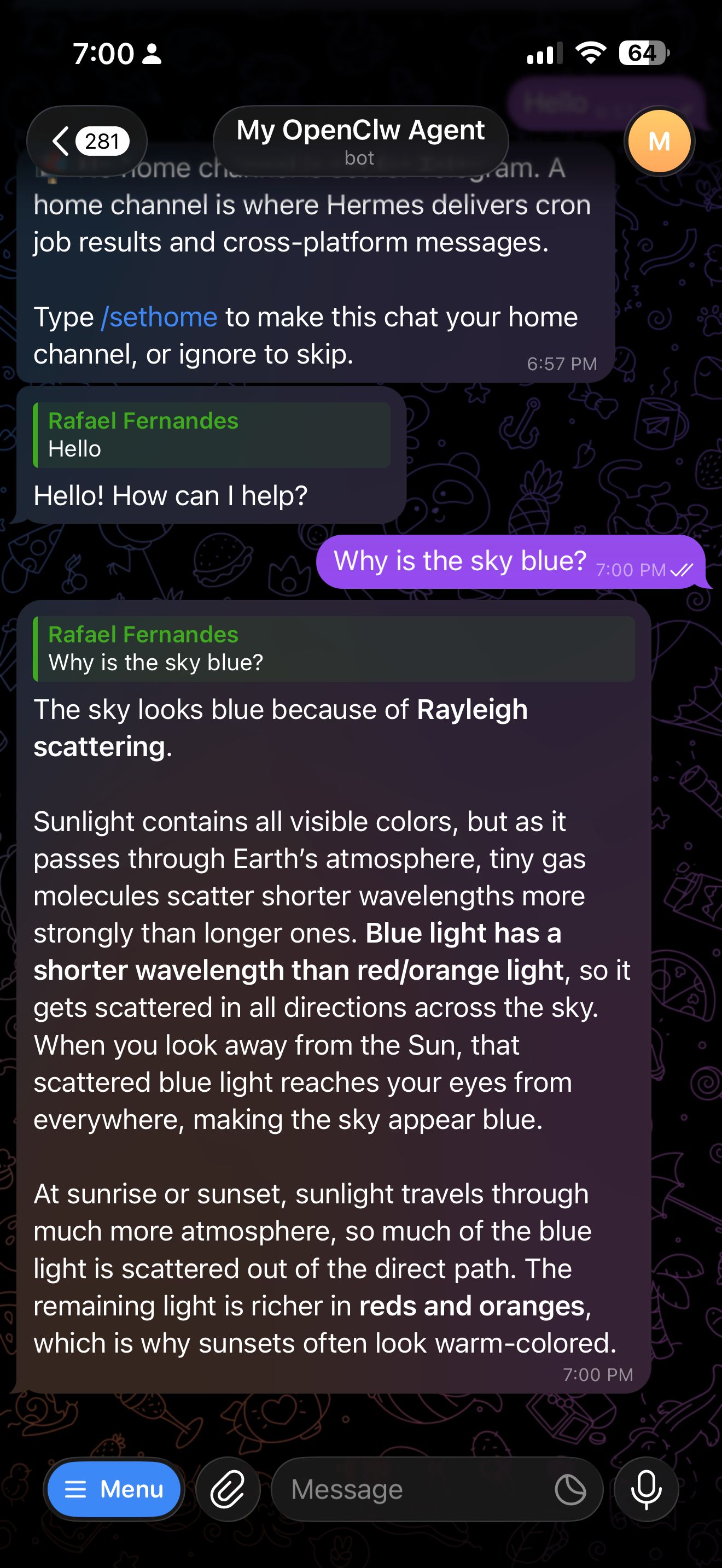 Telegram chat showing the bot explaining Rayleigh scattering in response to "Why is the sky blue?"