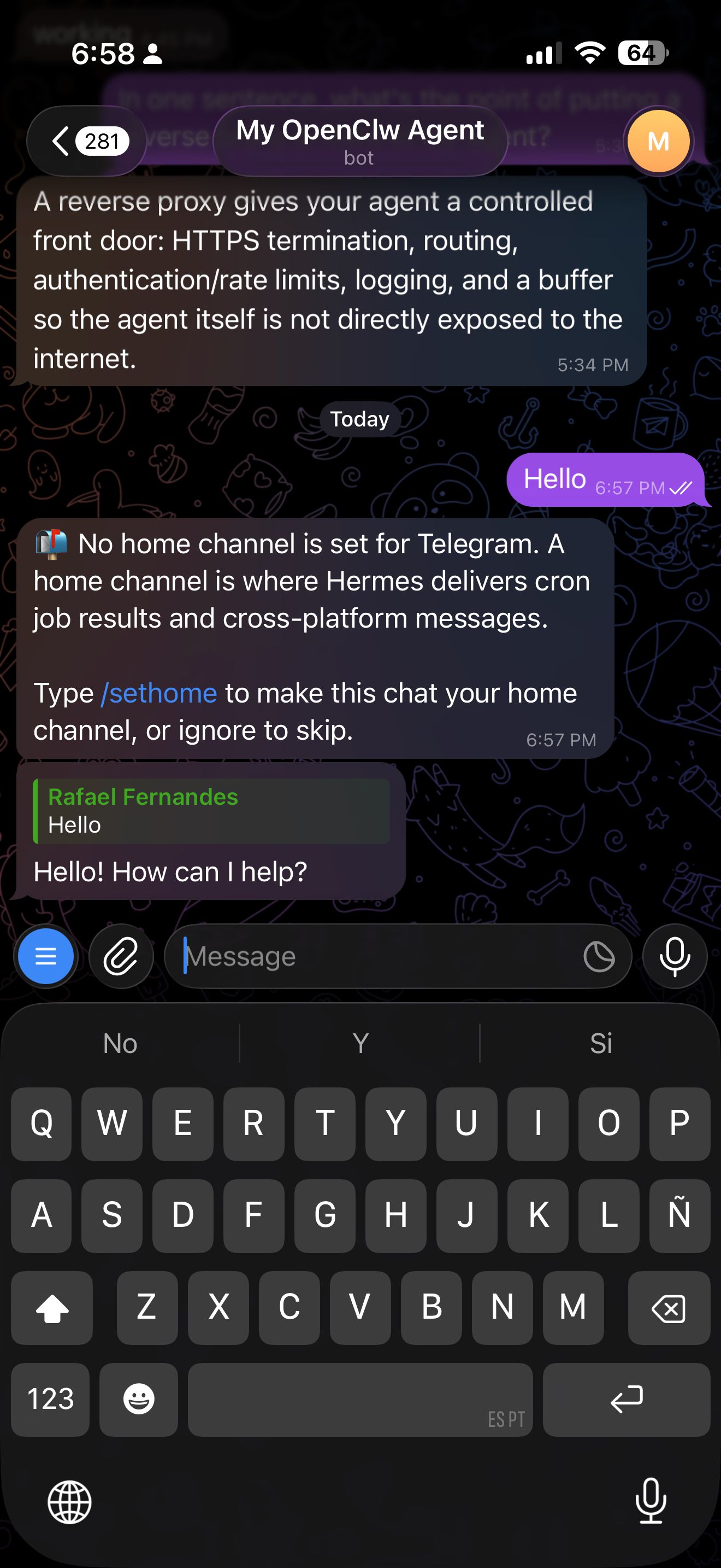 Telegram chat showing the bot replying "Hello! How can I help?" via Hermes