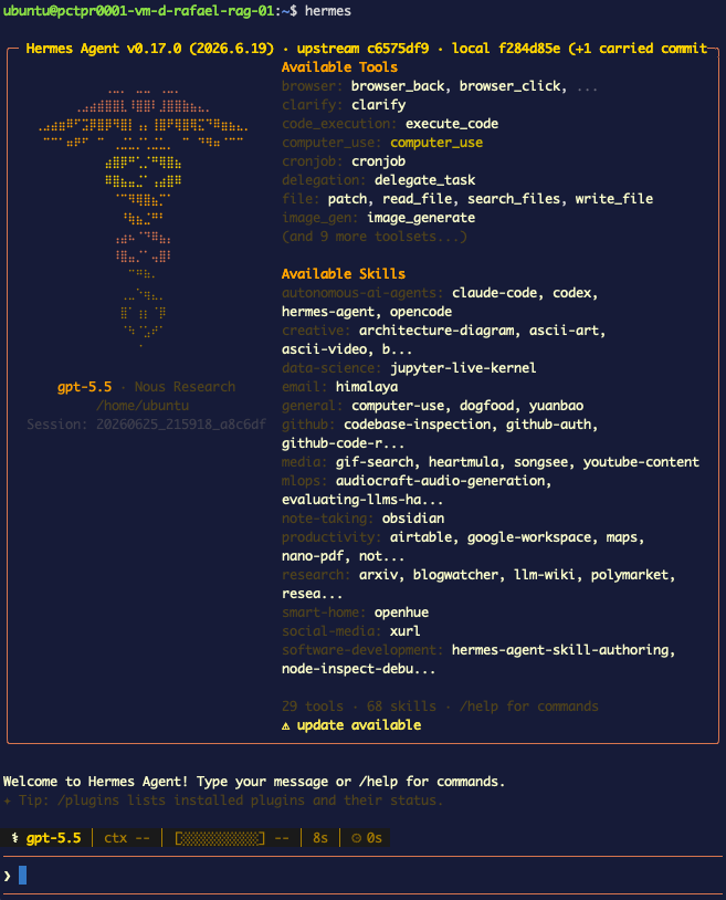 The Hermes Agent TUI welcome screen — ASCII logo, available tools and skills, model gpt-5.5, and the chat prompt