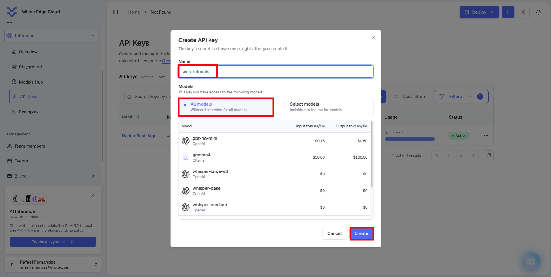 The Create API key dialog — a Name field and the model-access choice