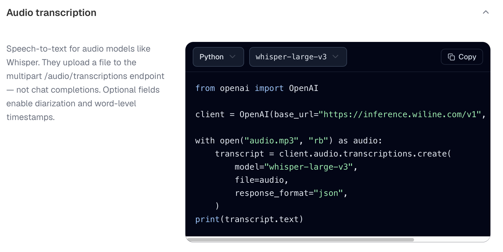 The Audio transcription example, with only Whisper models in the model dropdown