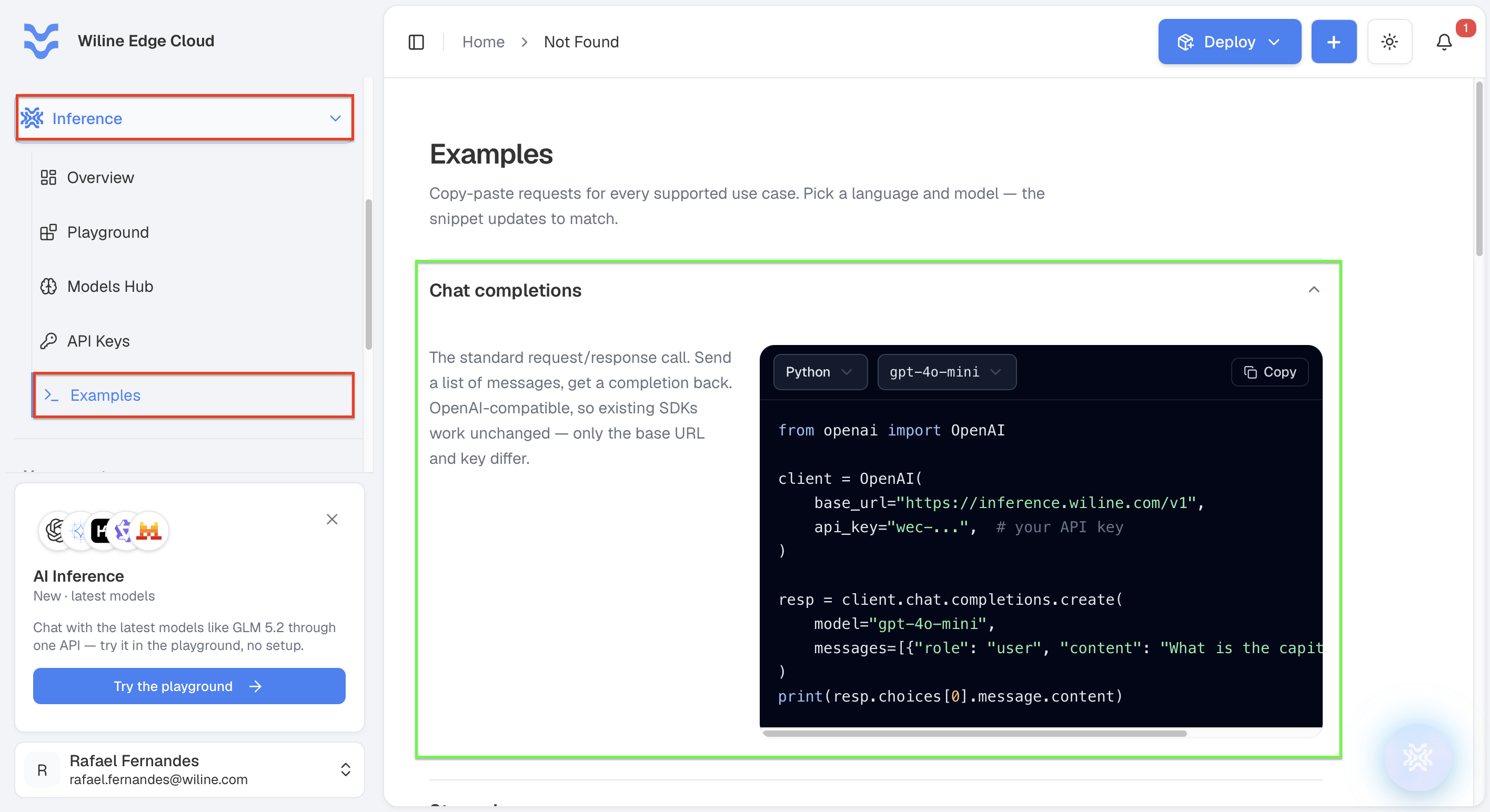 The Chat completions example with the language and model selectors