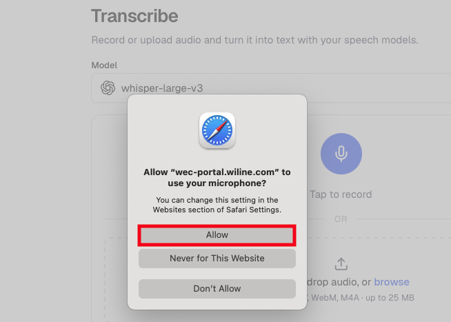 Browser prompt asking to allow microphone access