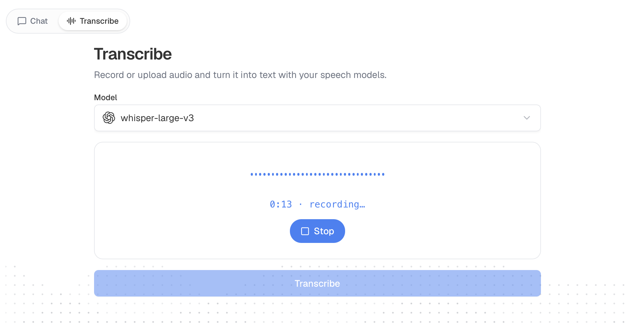 The Transcribe tab while recording audio