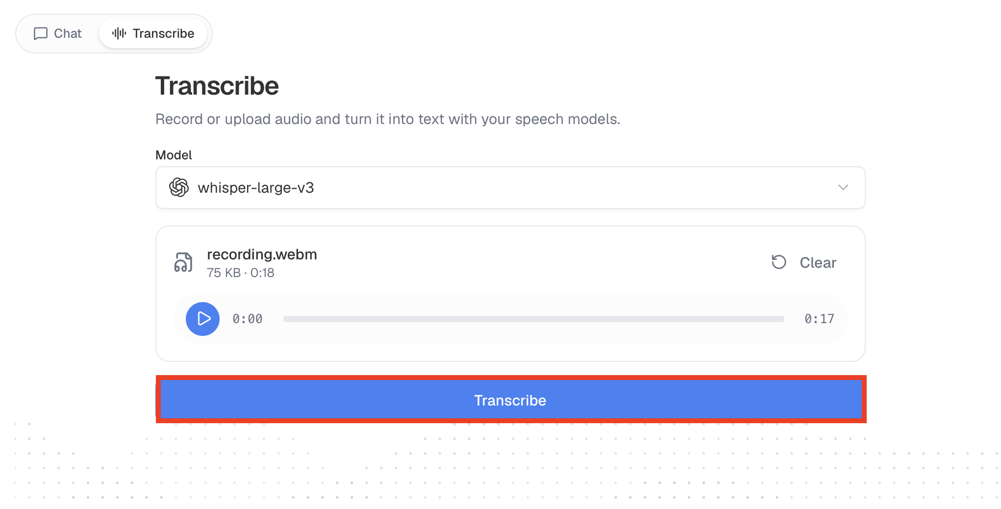 The transcribed text returned after clicking Transcribe