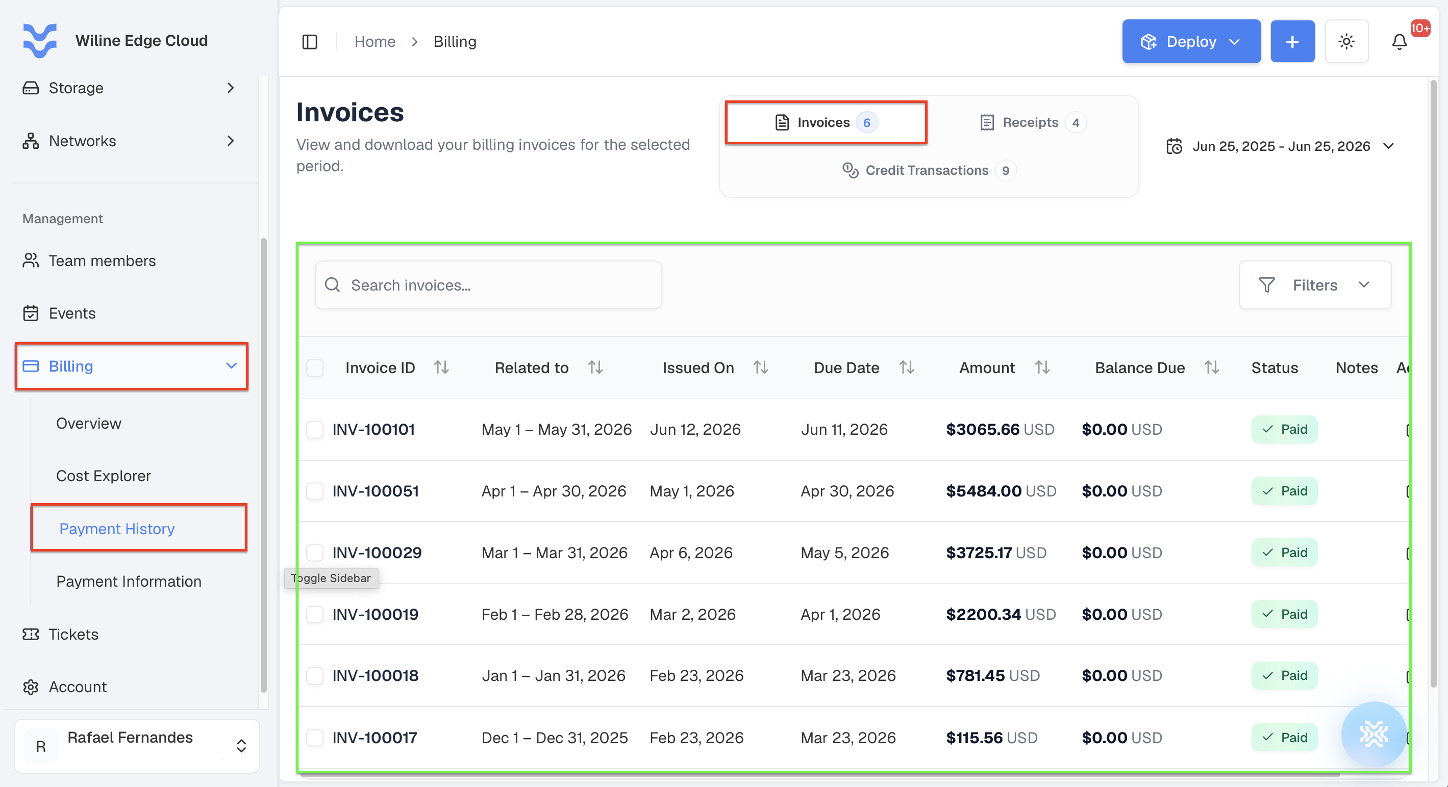 Invoices view