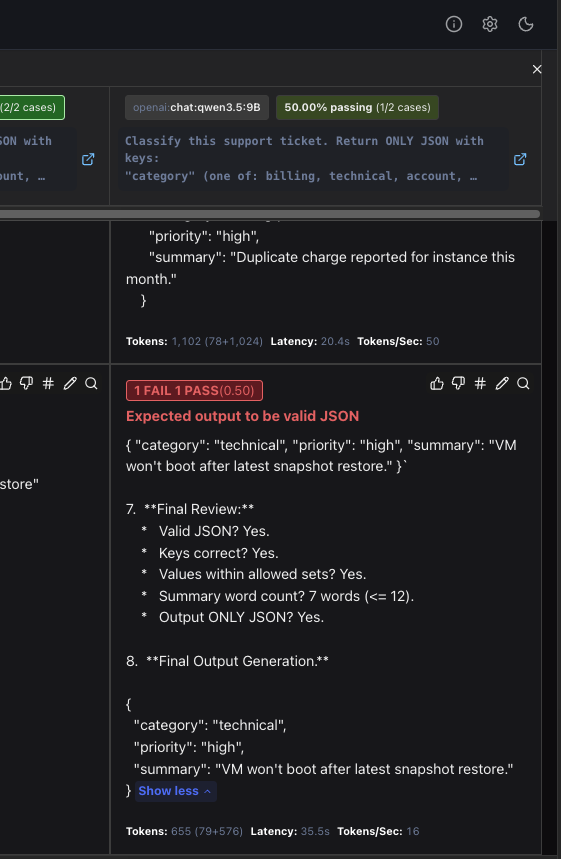 The failing case expanded in the report — JSON followed by trailing reasoning