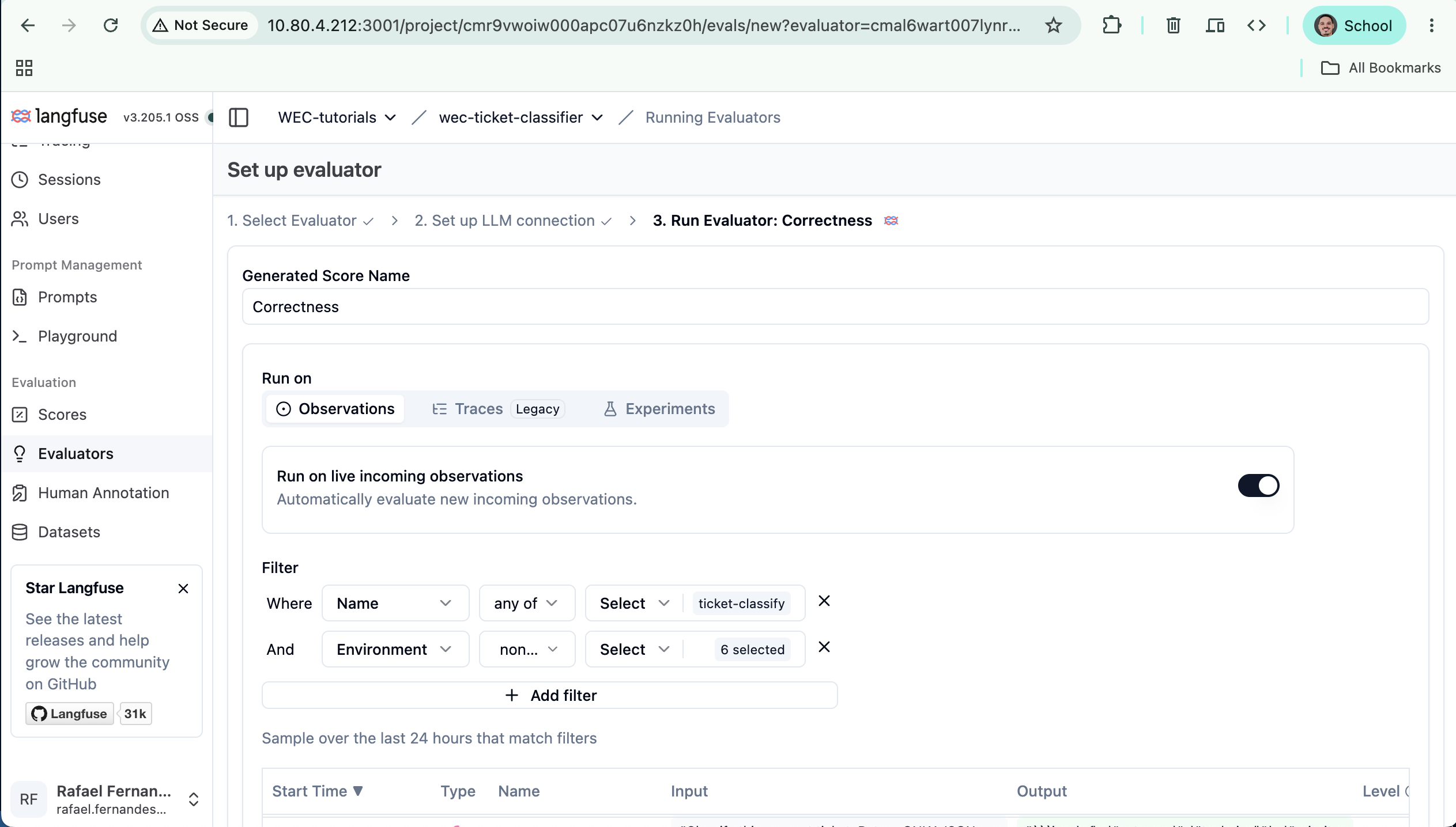 The LLM-as-judge evaluator configuration