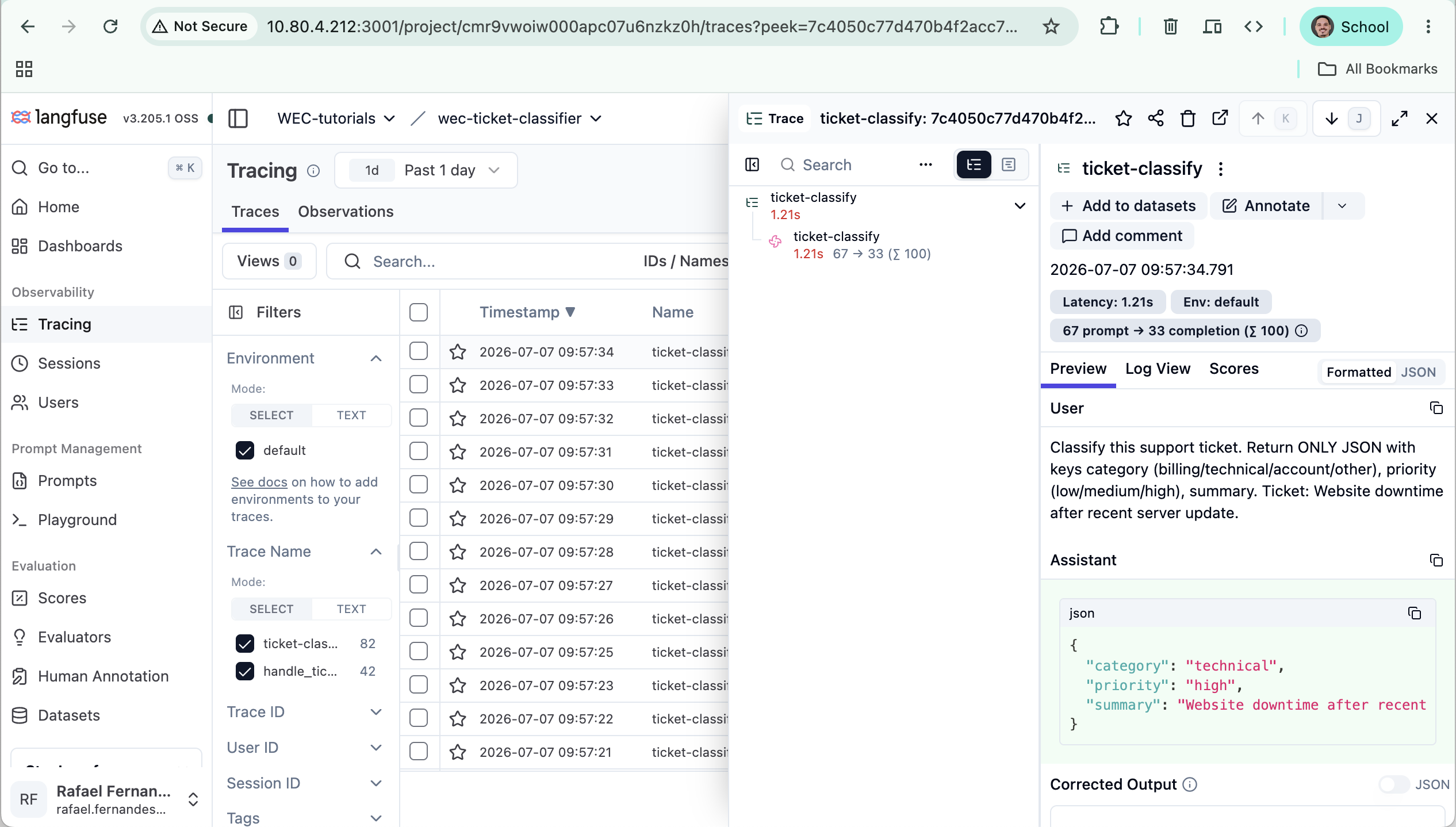 A single trace — input, output, latency, and token counts