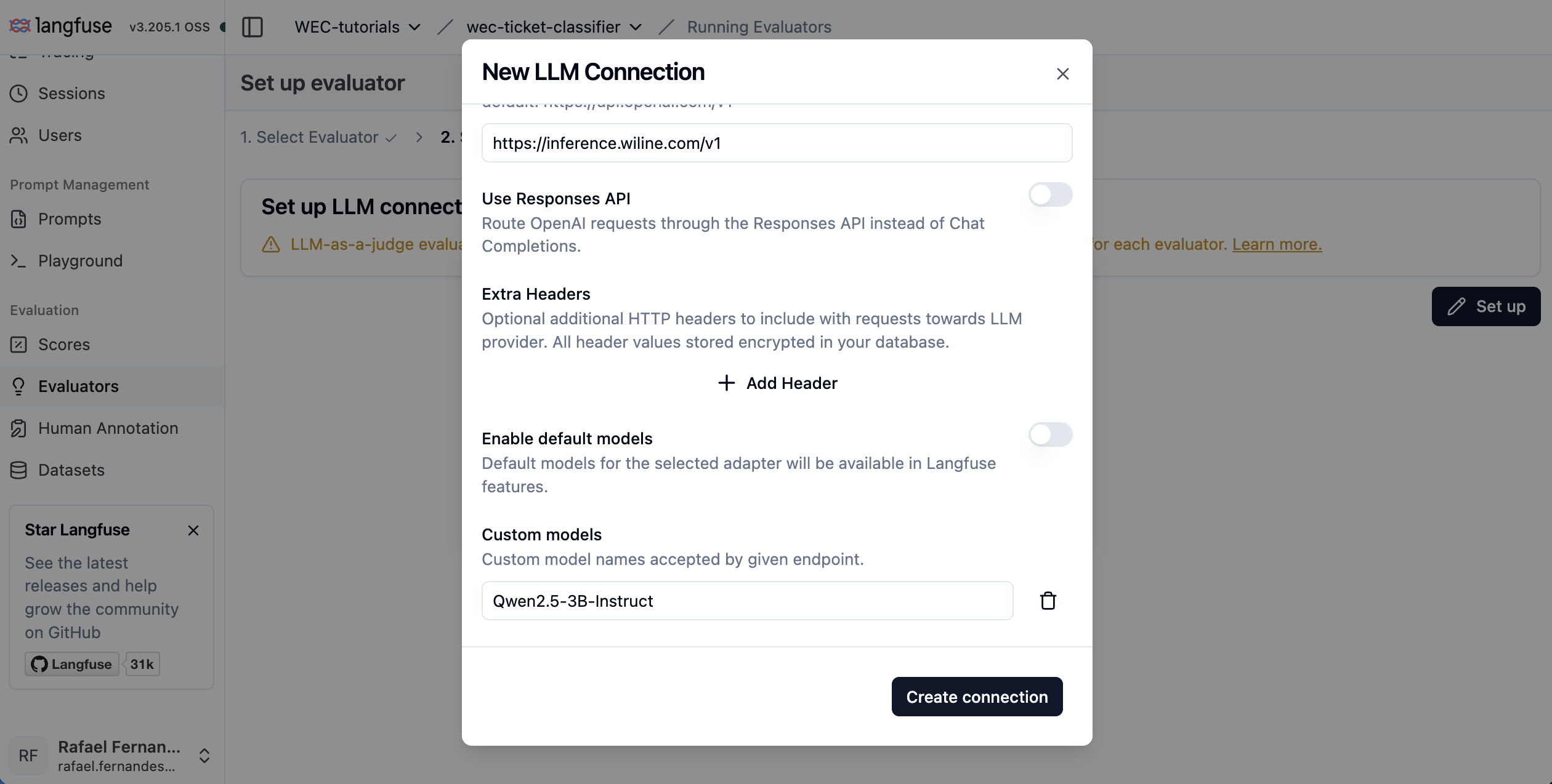 The New LLM Connection dialog — WEC base URL, default models off, a custom WEC model added