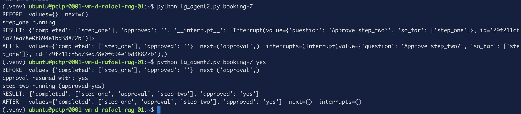 The graph pausing at the interrupt, then resuming with the approval value