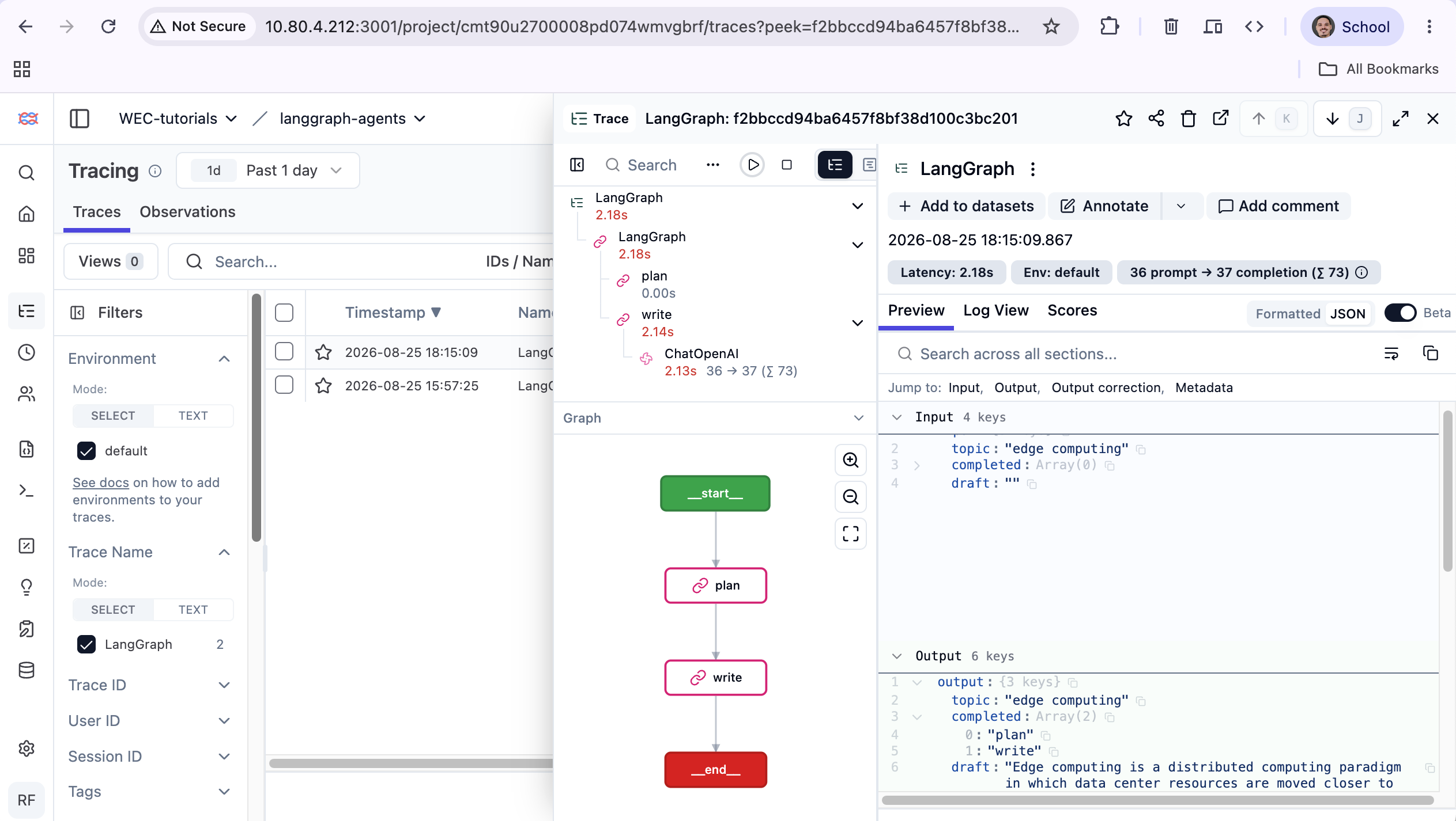 Langfuse trace with per-node latency and token counts