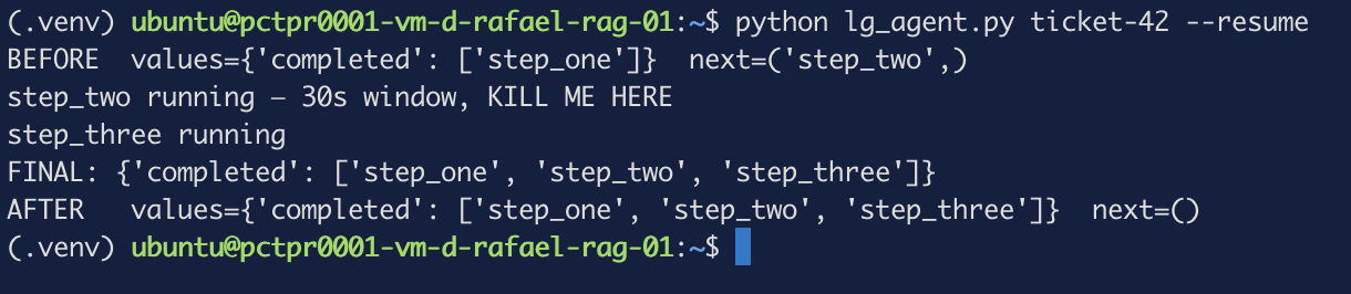 The resumed run showing recovered state and next=('step_two',)