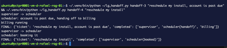 Both handoff branches — one routing on to billing, one ending at the scheduler