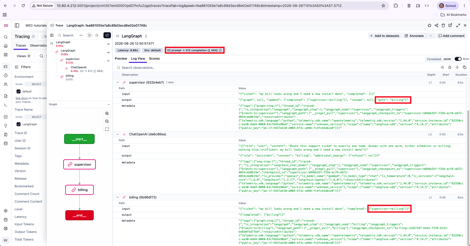 Langfuse trace showing supervisor and billing spans, the token badge, the serialised Command with goto, and billing receiving the supervisor's state update