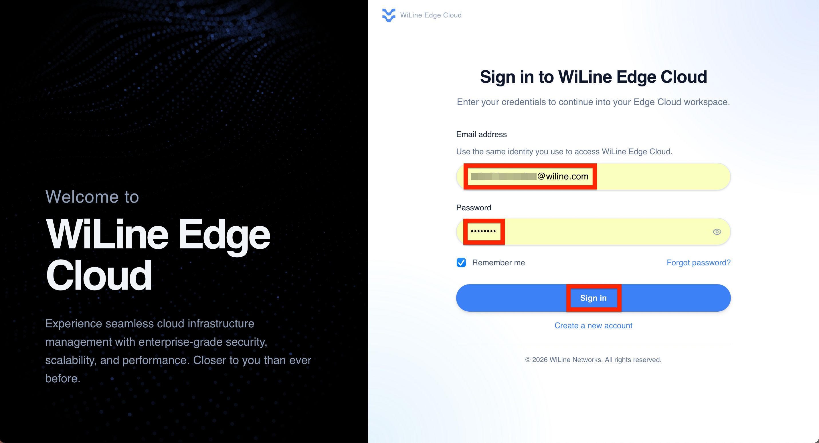 Login screen for WiLine Edge Cloud