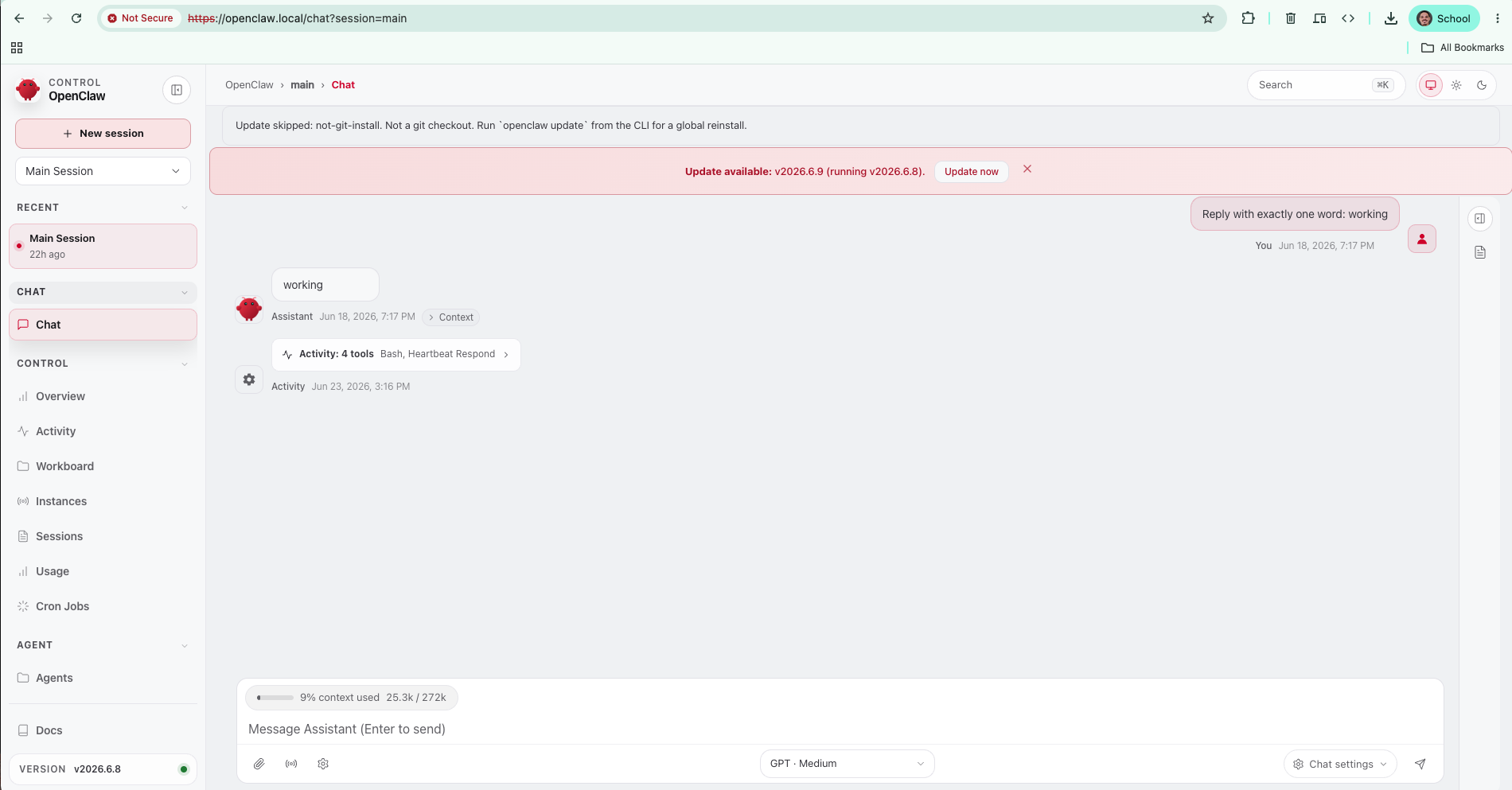 The OpenClaw chat loading over the mesh at https://openclaw.local