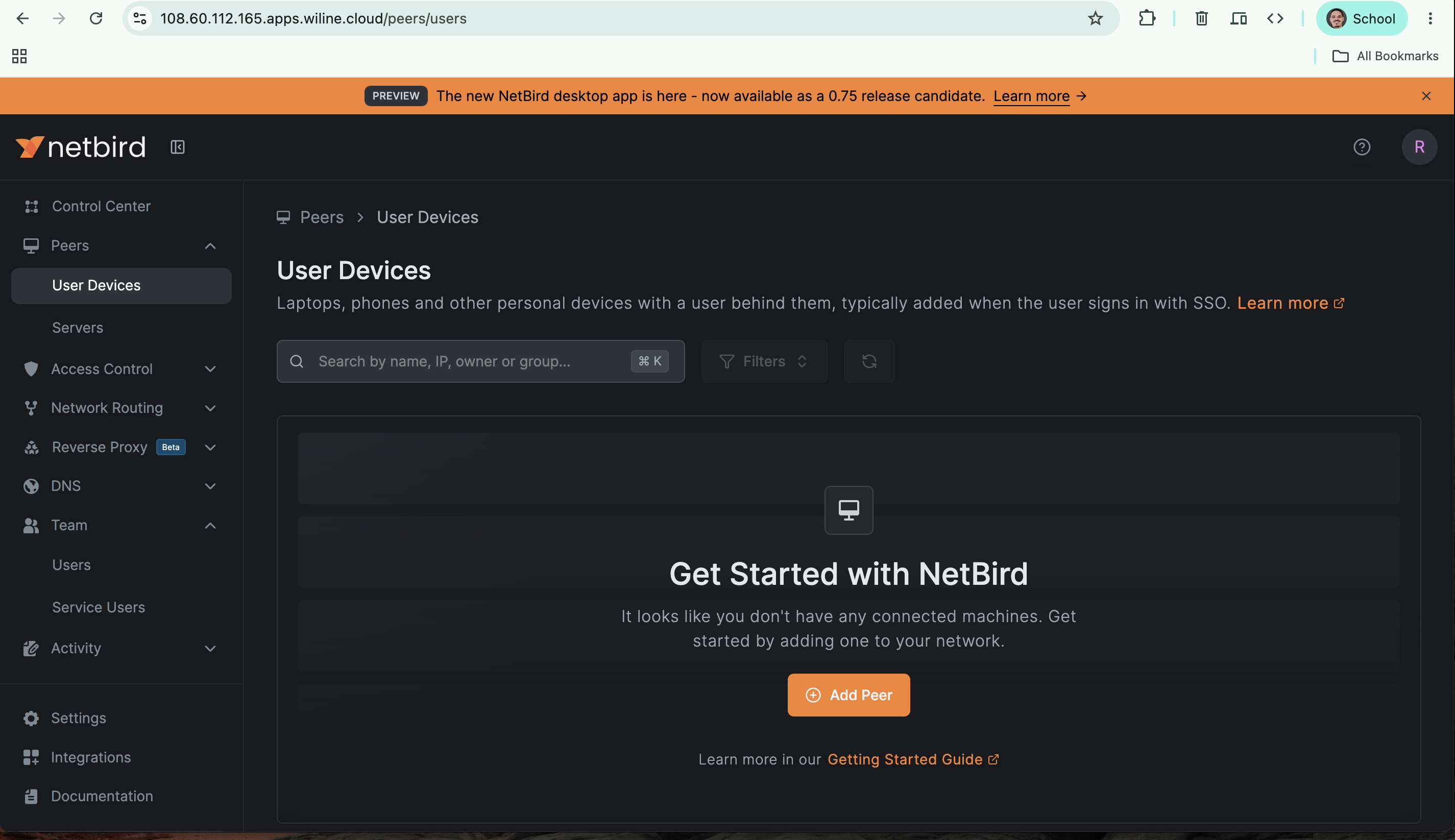 The self-hosted NetBird dashboard