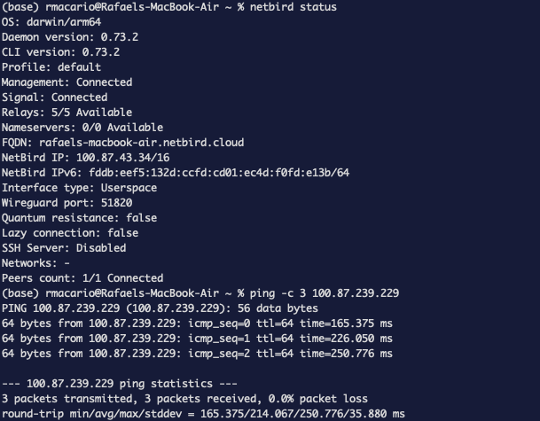 Mac netbird status showing Peers count 1/1 Connected, plus a successful ping to the VM's mesh IP