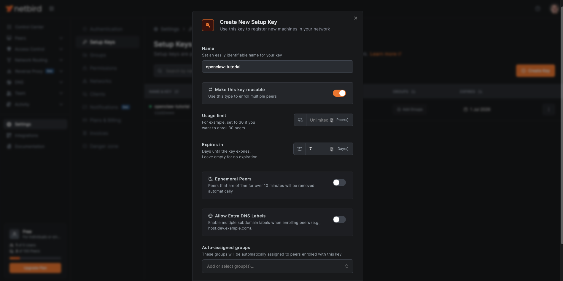 Creating a reusable setup key in the NetBird dashboard