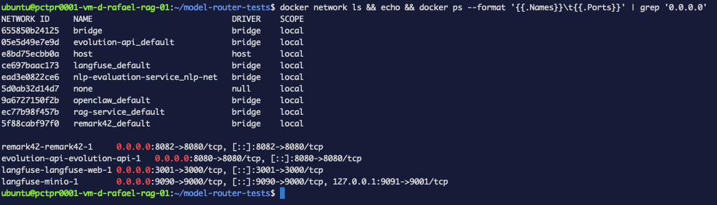 The exposure audit — nine networks listed, four services bound to every interface